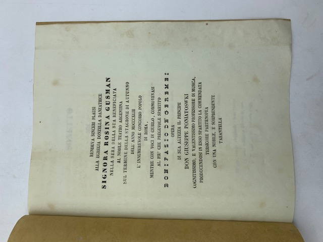 Rendeva sinceri plausi alla Egregia Donzella Signora Rosina Gusman nella sera delle sua beneficiata al nobile Teatro Argentina...Bonifazio de' Geremei opera di Sua Altezza Giuseppe Poniatoswki...producendosi in esso spartito la commendata Tersicore partenopea con una nobile e sorprendente tarantella